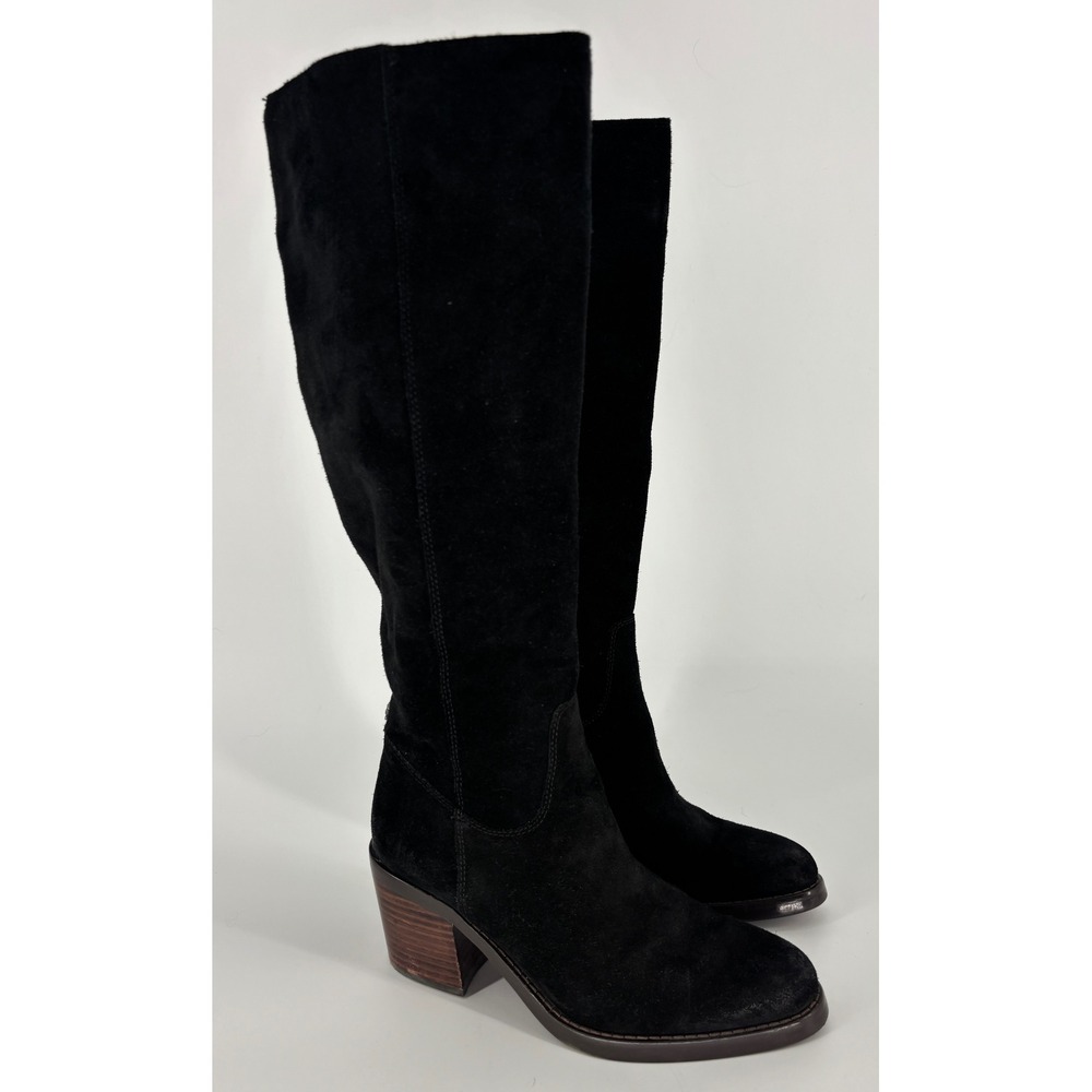 Sam Edelman Shale Knee High Boots Black Suede Women Size 6 Block Heel Zip Up